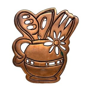 Vintage Cast Iron Trivet Wall Hanging Copper Tone Metal Flowers Watering Can